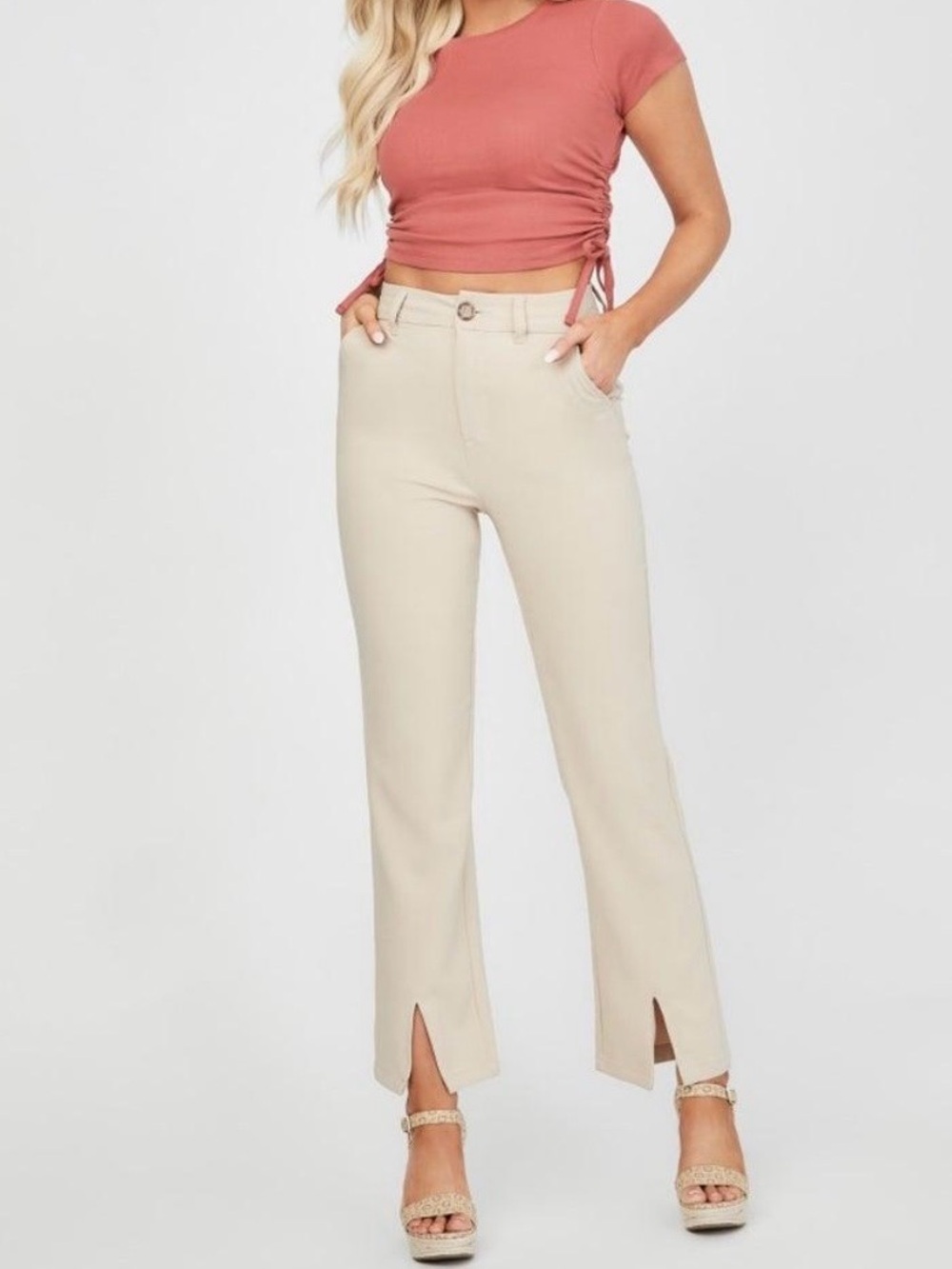 GUESS Liana Pants Women’s Medium Beige Straight Leg Split Hem NWT